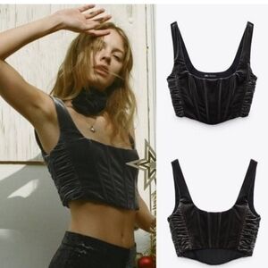 Zara Velour Velvet Metal Gray Stretchy Corset Ruched Crop Top Sz M